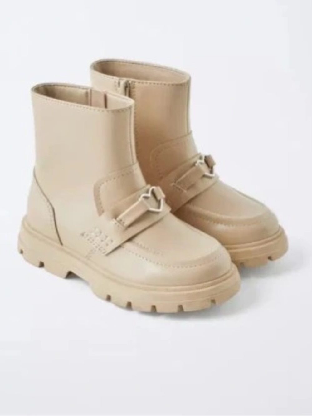 Zara Cream Chunky Leather Boots with heart Strap Detail